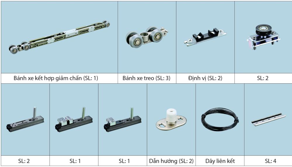 Bộ phụ kiện cửa trượt đồng bộ giảm chấn 2 chiều