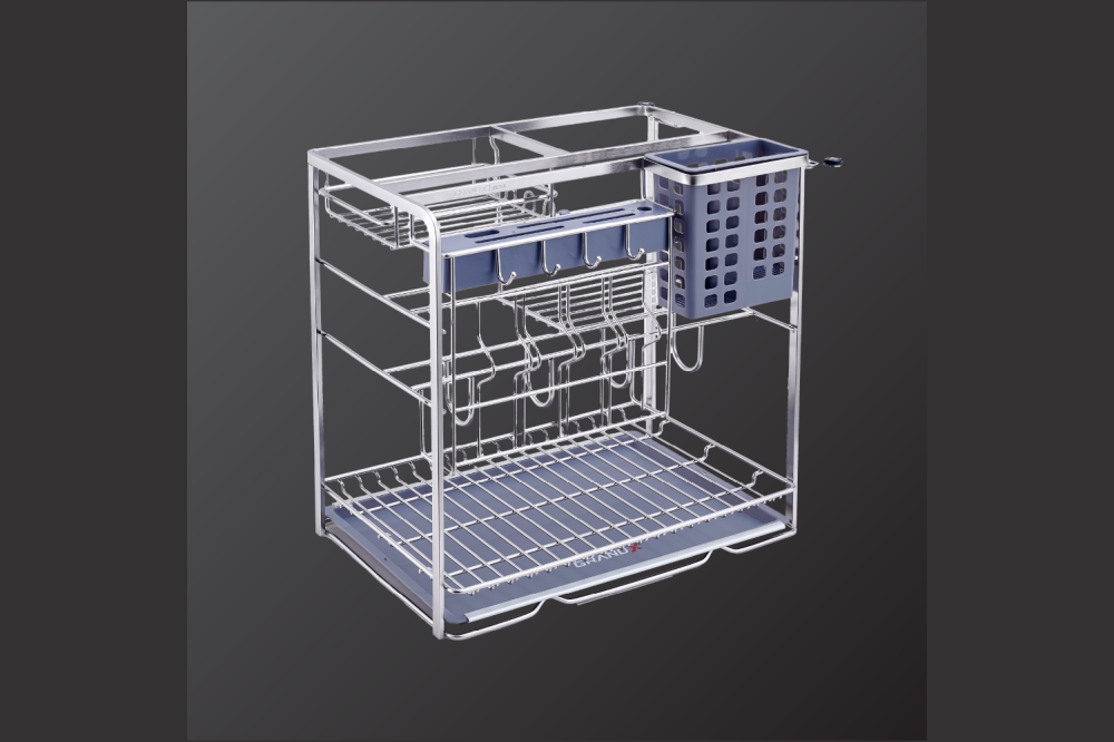 Giá dao thớt gia vị 300mm rổ, ray, khung Inox 304 nan dẹt GrandX XK.30S2
